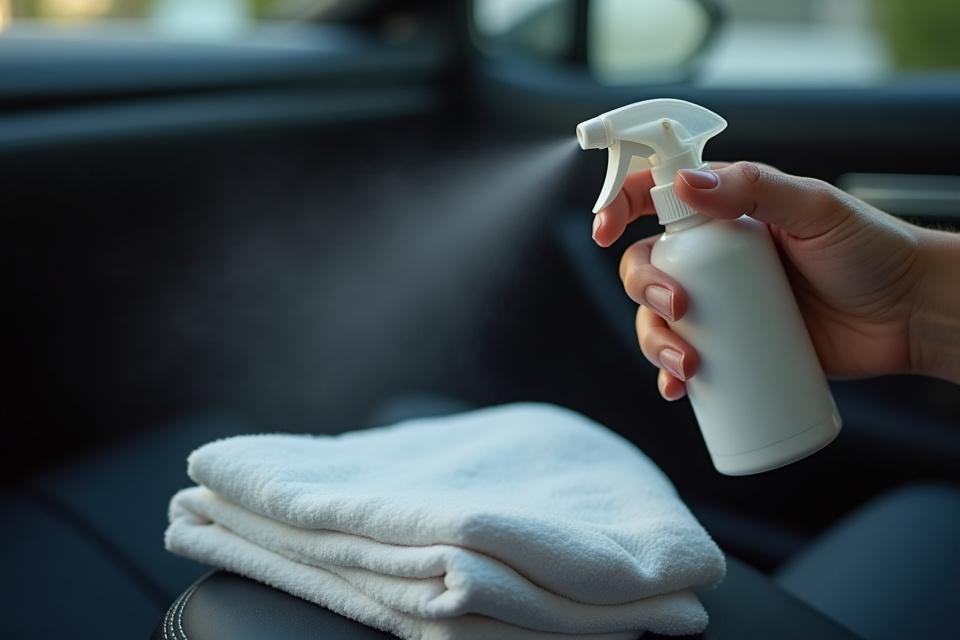Autóápoló spray és mikroszálas kendő az autó belső tereinek tisztításához